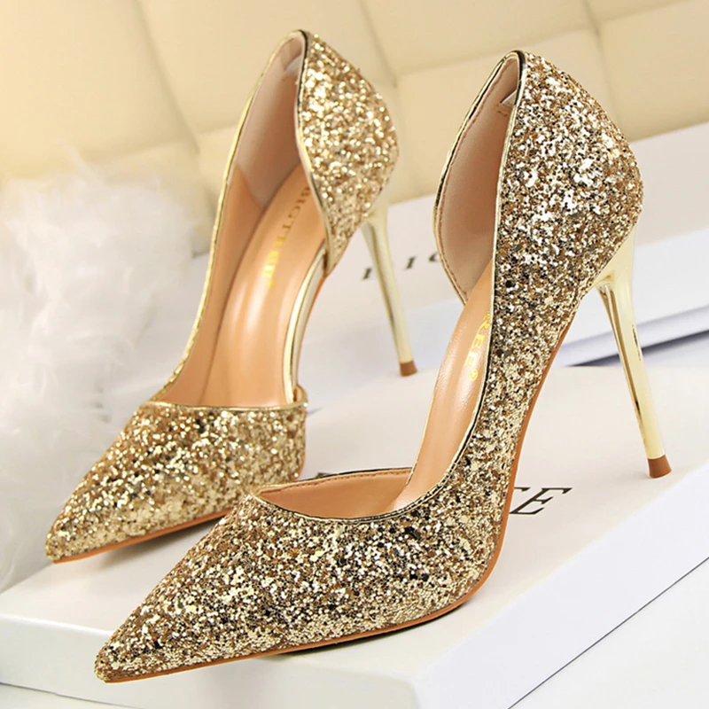 

2022 New Gold Silver Women Pumps Bling Sequins Wedding Shoes Sexy Pointed Toe Women's High Heels Platform Party Ladies Heels