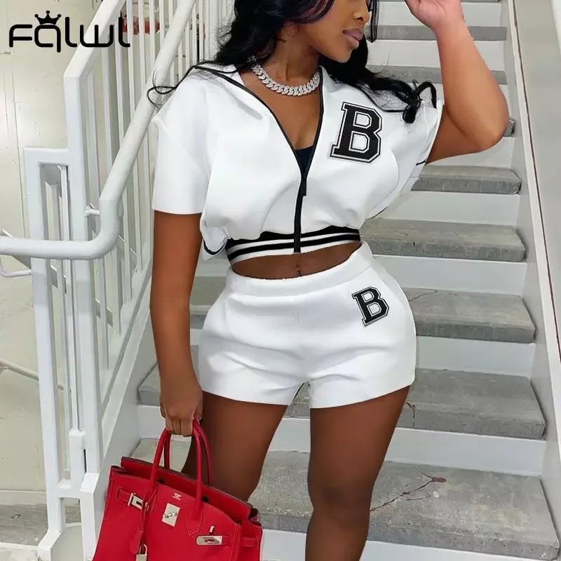

FQLWL Casual 2 Two Peice Sets Outfits Women Zipper Short Sleeve Crop Top Skinny Biker Shorts Suits Pink Green Matching Sets 2022