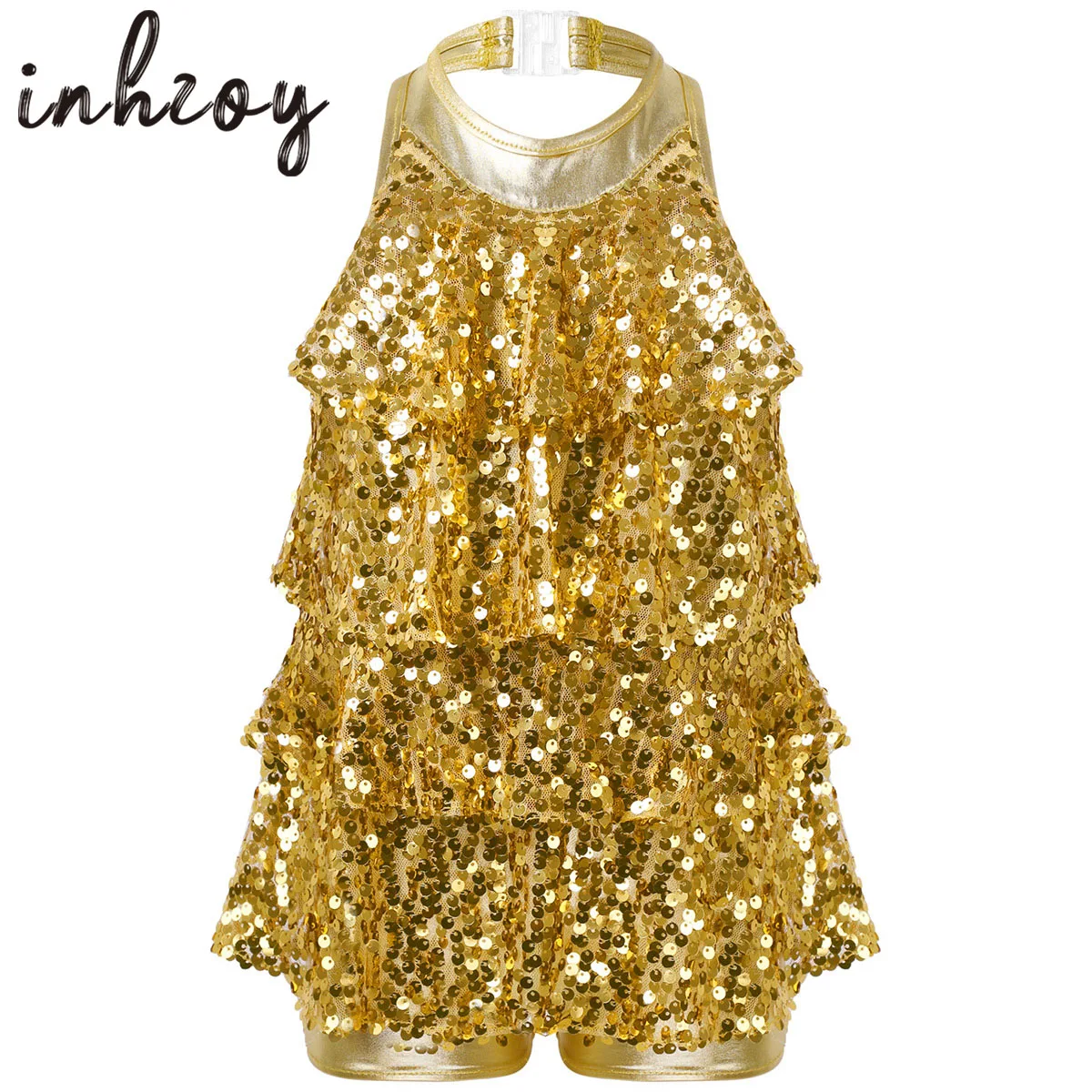 

Kids Girls Sequins Jazz Dance Costumes Halter Shorty Unitard Ballet Gymnastics Leotard Latin Samba Rumba Performance Costumes