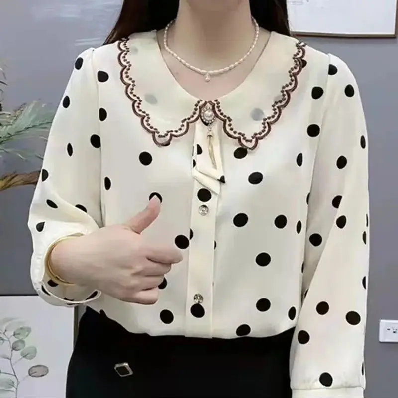 Женская блузка в горошек Повседневная рубашка оверсайз с воротником Питер Пэн и