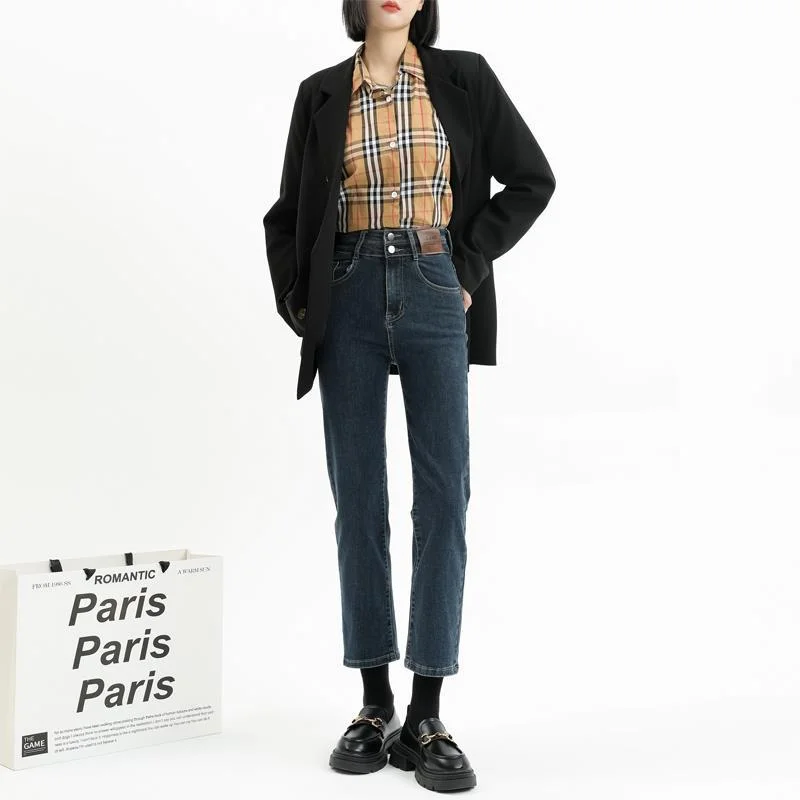 2023 Korean version of new high-waisted slim high-elastic cigarette pants Fleece-lined Jeans for Women  Trousers High Waist Jean