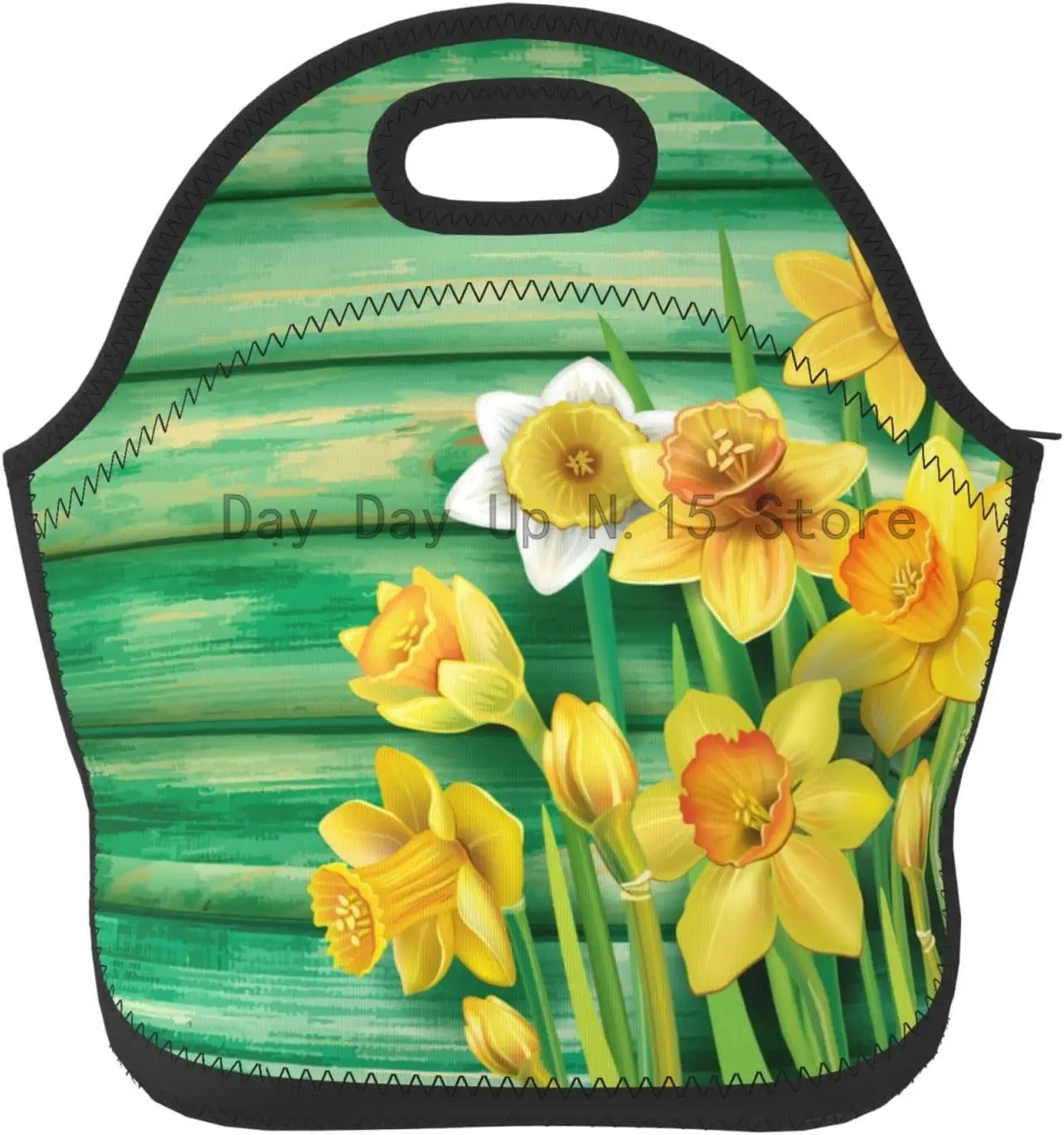 

Yellow Elegant Daffodils Flowers on Vintage Green Wood Planks High Capacity Lunch Tote Insulated Lunchbox for Women Adults