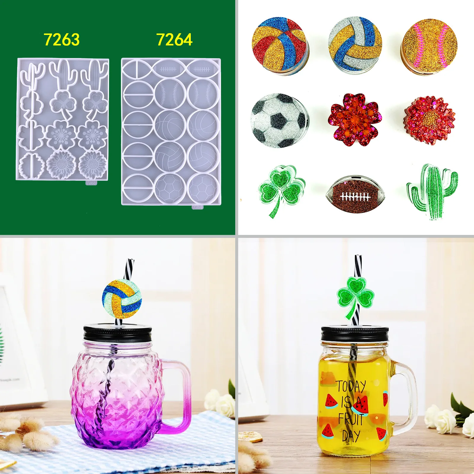 

Baseball Football Straw Decorative Epoxy Resin Mould DIY Clover Cactus Straw Decorative Silicone Mould