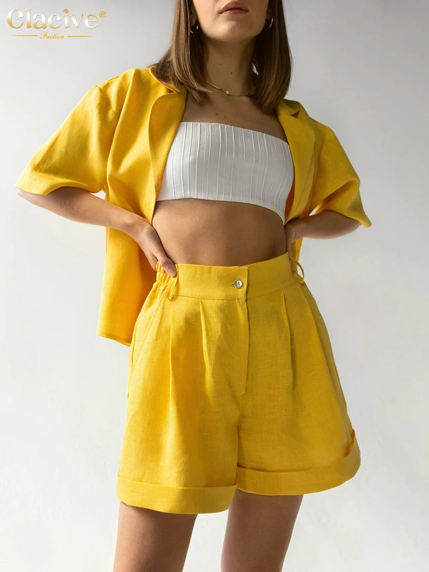

Clacive Fashion Short Sleeve Shirt Two Piece Set Womens Casual High Waist Wide Shorts Set Female Elegant Yellow Suit With Shorts
