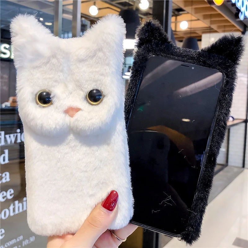 Cute Fluffy Plush Fur Cat Ears Soft Phone Case For Xiaomi Redmi Note 10 Pro 10S 9 9S 9T 9A 9C 8 7 8A 7A Mi 11 10T Poco M3 X3 NFC
