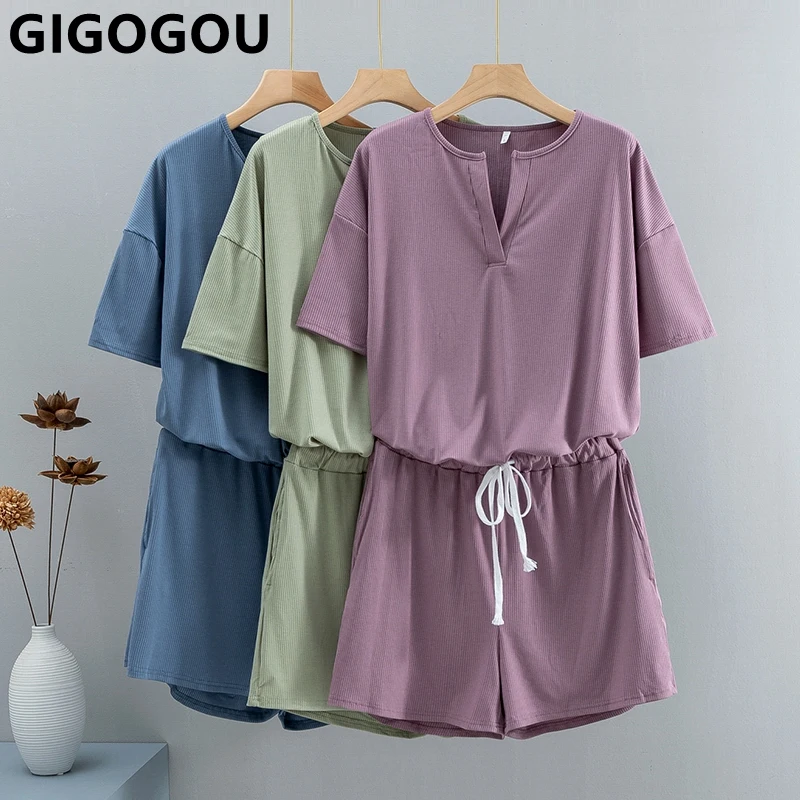 

GIGOGOU Женский комплект летней футболки с v-образным вырезом, S-XXL повседневные костюмы из двух предметов, свободные женские костюмы с футболко...