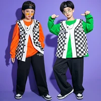 kid hip hop clothing checkered sleeveless jacket sweatshirt top streetwear baggy pants for girl boy jazz dance costume clothes