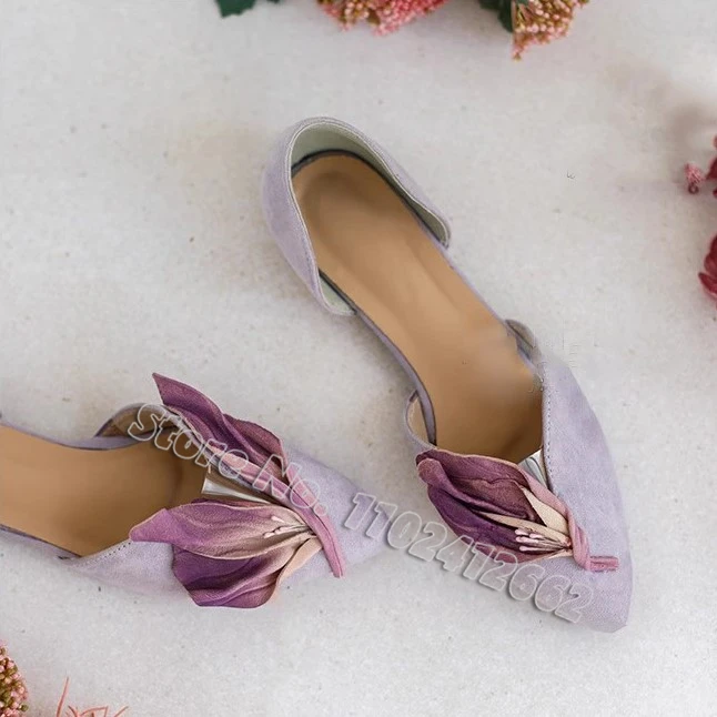 Pointed Toe Petals Flat Shoes Purple Simulation Flower Elegant Lady Retro Pumps Shallow Ballet Shoes Sweet Fairy Women Sandals