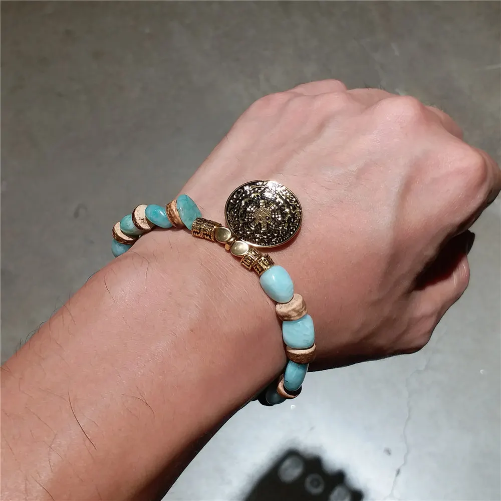 

Natural Blue Amazonite Gravel Jiugong Bagua Amulet Buddha Mala Bracelet Good Luck Healing Bracelets for Men and Women