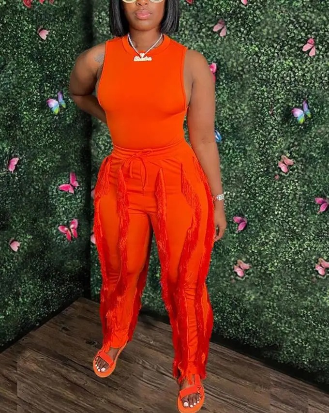 

Two Piece Sets Womens Outifits Casual Daily Sleeveless O-neck Tank Top & Tassel Decor Drawstring Long Pants Set Without Belt