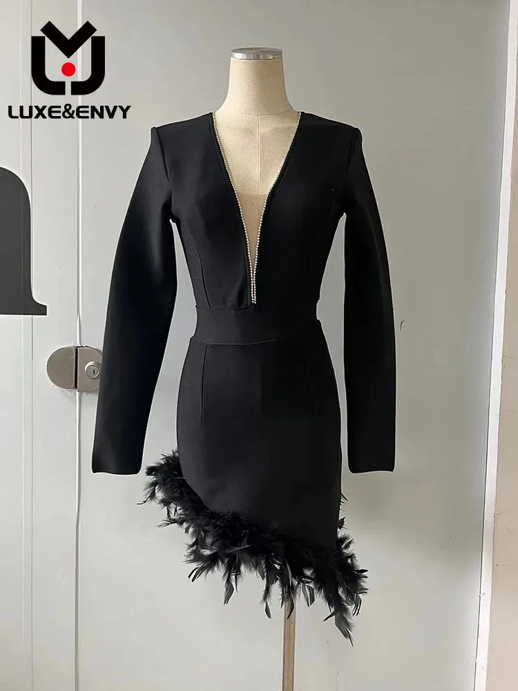 

LUXE&ENVY New Sexy Feather Mesh V-Neck Long Sleeve Women's Dress Bandage Dress Party Banquet 2023 Autumn