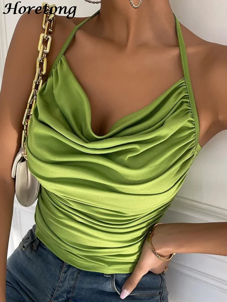 

Horetong Halter Sleeveless Ruched Crop Top Women Summer Fashion Backless Solid Cami Tops Femme Party Club Vacation Streetwear