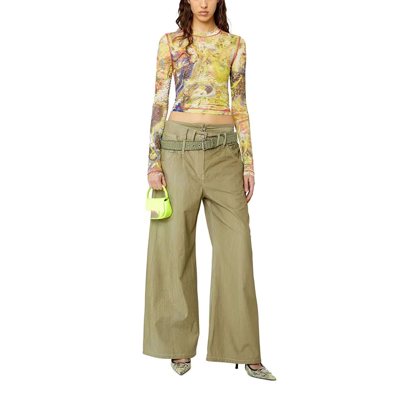 Women's colorful double waist wide leg pants 2023 summer new y2k cotton loose with belt casual pants fashion Women's pants