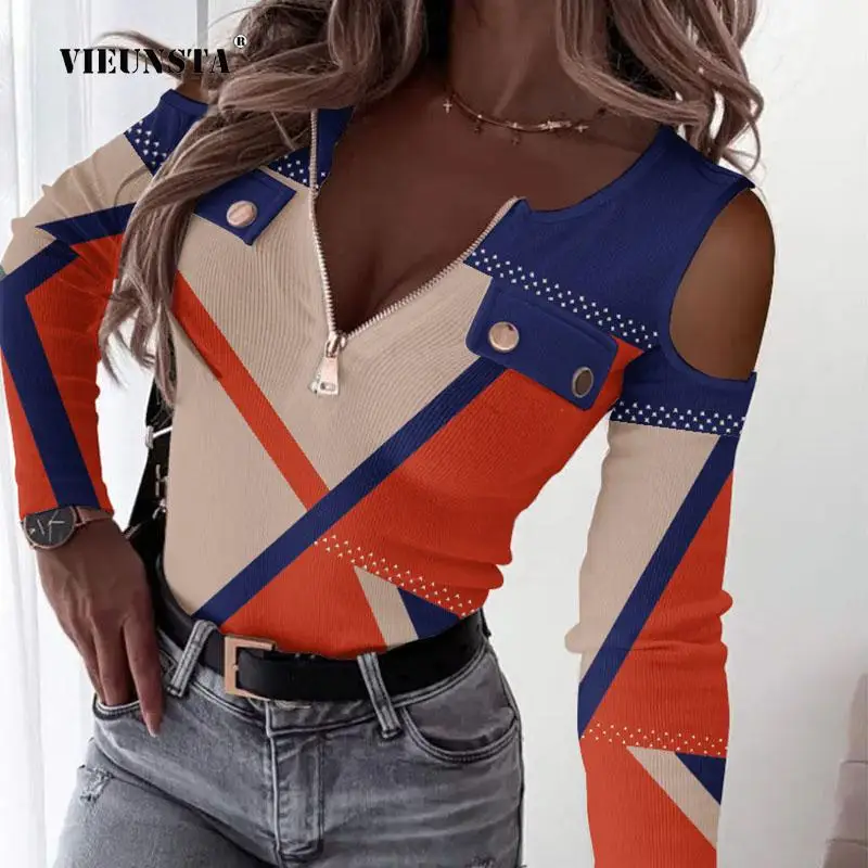 Fashion Off Shoudler Zipper V-Neck Slim Tops Casual Women Blusas Streetwear 2023 Women Geometric Contrast Printed Blouses Shirts