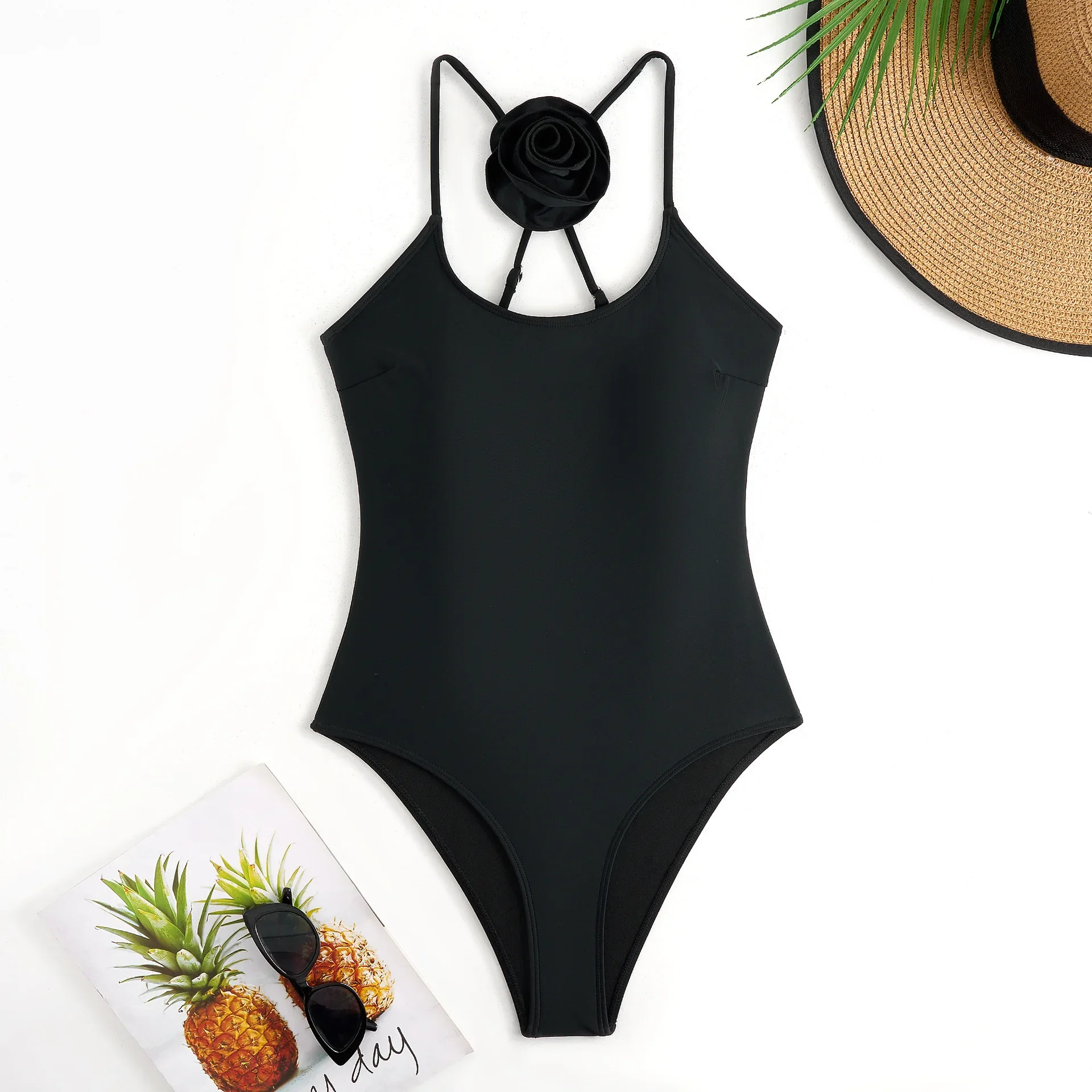 Сексуальный однотонный купальник с 3d цветком цельный крестик черный и розовый