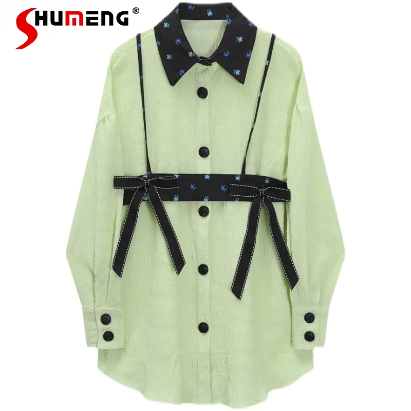 

2022 Spring Autumn Tops Retro French Stitching Contrast Color Jacquard Shirt Women's Long Sleeve Elegant Blouse Detachable Strap