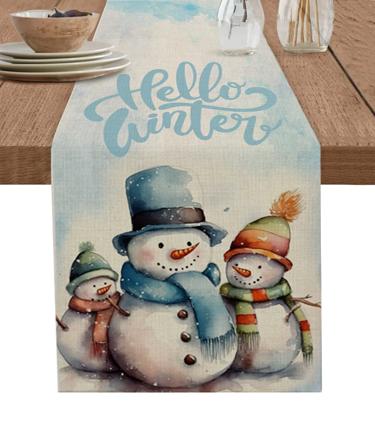 

Christmas Snowflake Snowman Watercolor Table Runner Wedding Party Dining Table Cover Placemat Napkin Home Kitchen Decoration