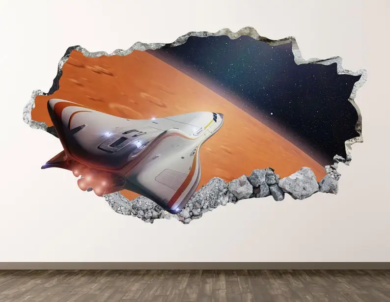 

Exploring Spaceship Wall Decal - Galaxy 3D Smashed Wall Art Sticker Kids Room Decor Vinyl Home Poster Custom Gift KD962