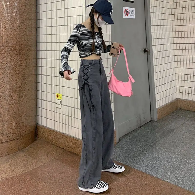 

Gray Bandage Jeans Women Korean Y2k Denim Straight High Waist Street Wide Leg Trousers Summer Pants Chic Loose Zipper