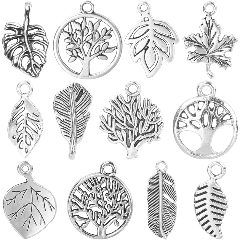 

36pcs/lot Mix Charms Retro Silver Color Leaves Series Alloy Pendant Maple Leaf Diy Vintage Necklace Jewelry Making Accessories