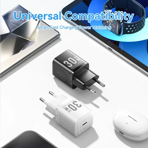 Зарядное устройство Vention 30W GaN USB-C с быстрой зарядкой PD PPS для Samsung S25 S24, iPhone 17 16 15 Pro, iPad, быстрое зарядное устройство Type-C для телефона