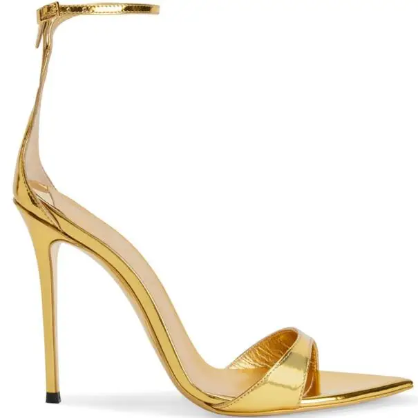 

Moraima Snc 2023 Newest Pointed Toe Sexy Sandals Women Ankle Strap Gold Thin Heels Pumps Open Toe Stiletto Heels Black