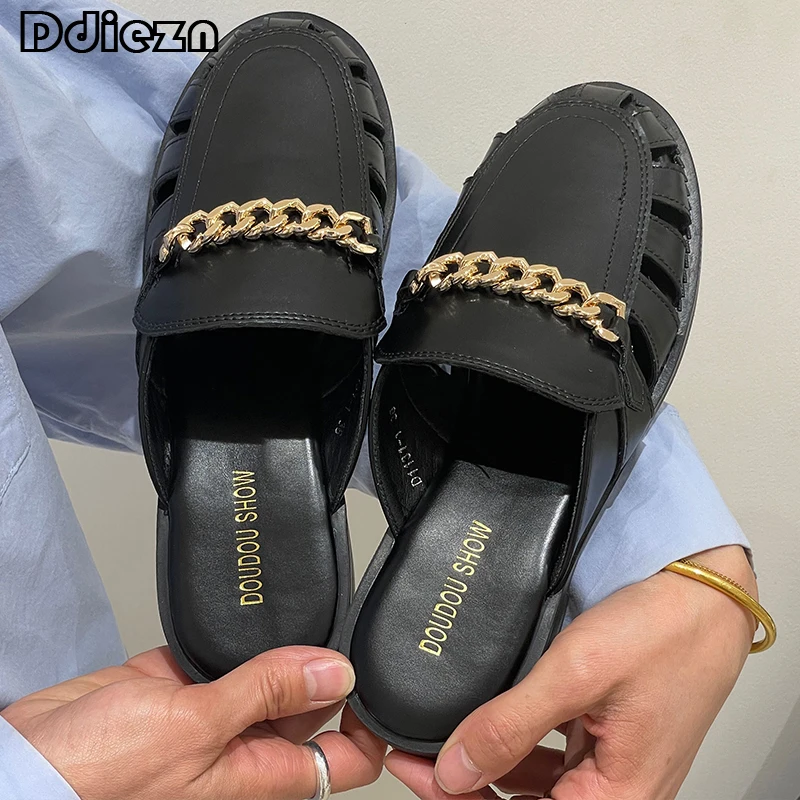 

Мюли женские с круглым носком, повседневные туфли на плоской подошве, металлические, сланцы, римские сандалии, модель 2023