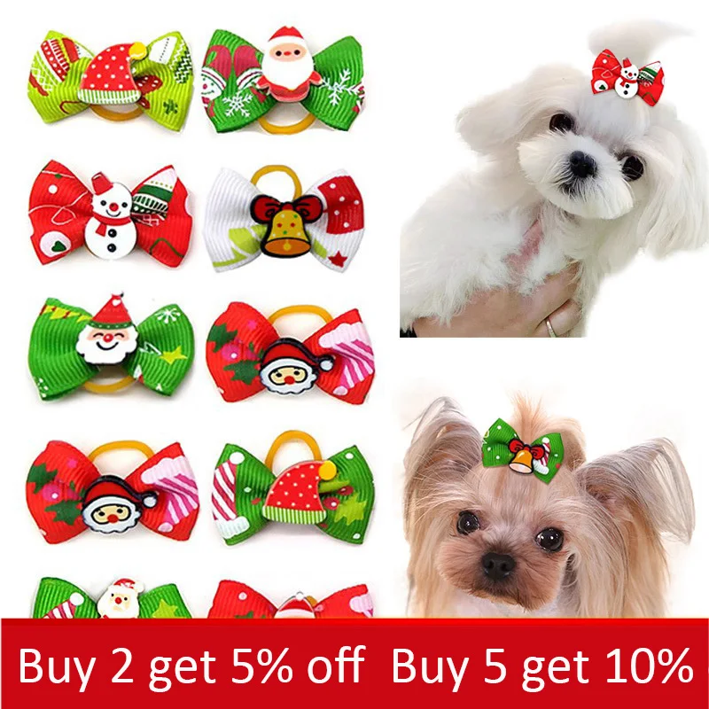

10pcs Pet Bows Dog Hair Accessories Christmas Headwear Puppy Decor Bowknot Cat Hair Bows with Elastic Rubber Dog Xmas Bowknot
