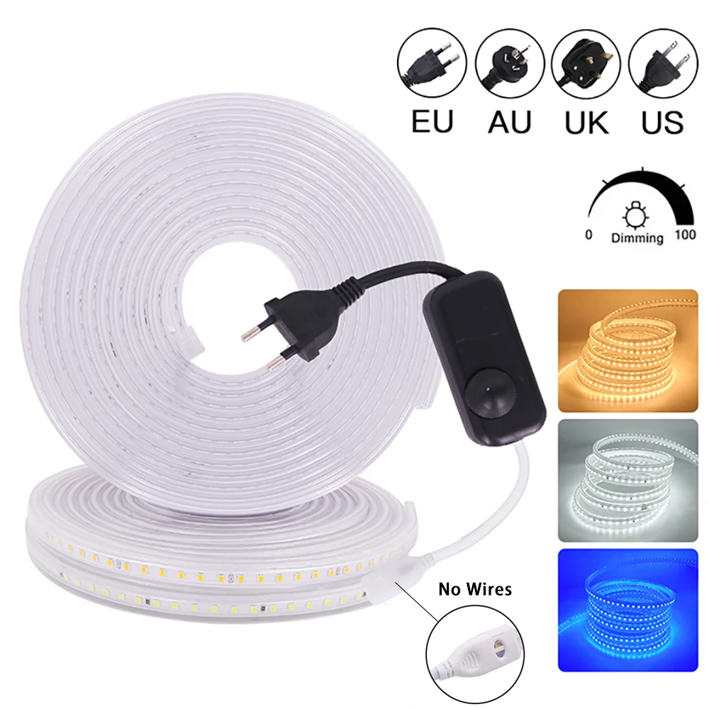 

220V 110V LED Strip 2835 120LEDs/m High Safety Dimmerable Waterproof Outdoor Flexible Tape Ribbon LED Light Lamp EU AU UK US Set