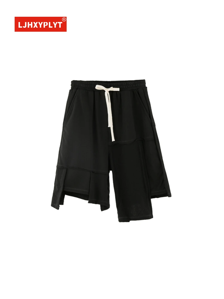 

American High Street Irregular Black Shorts Summer Outer Wear Design Trend Elastic Waist Neutral Loose Five-point Pants Female