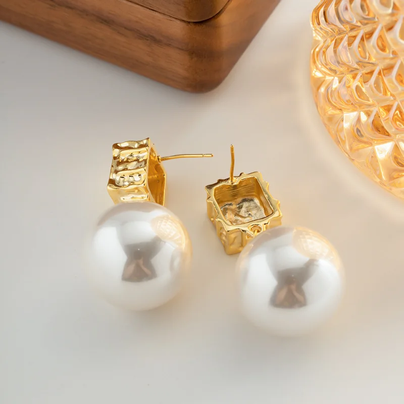 

Minar New Chic Oversize Round Simulated Pearl Long Dangle Earrings 14K Real Gold Plated Brass Cubes Pendant Earring for Women