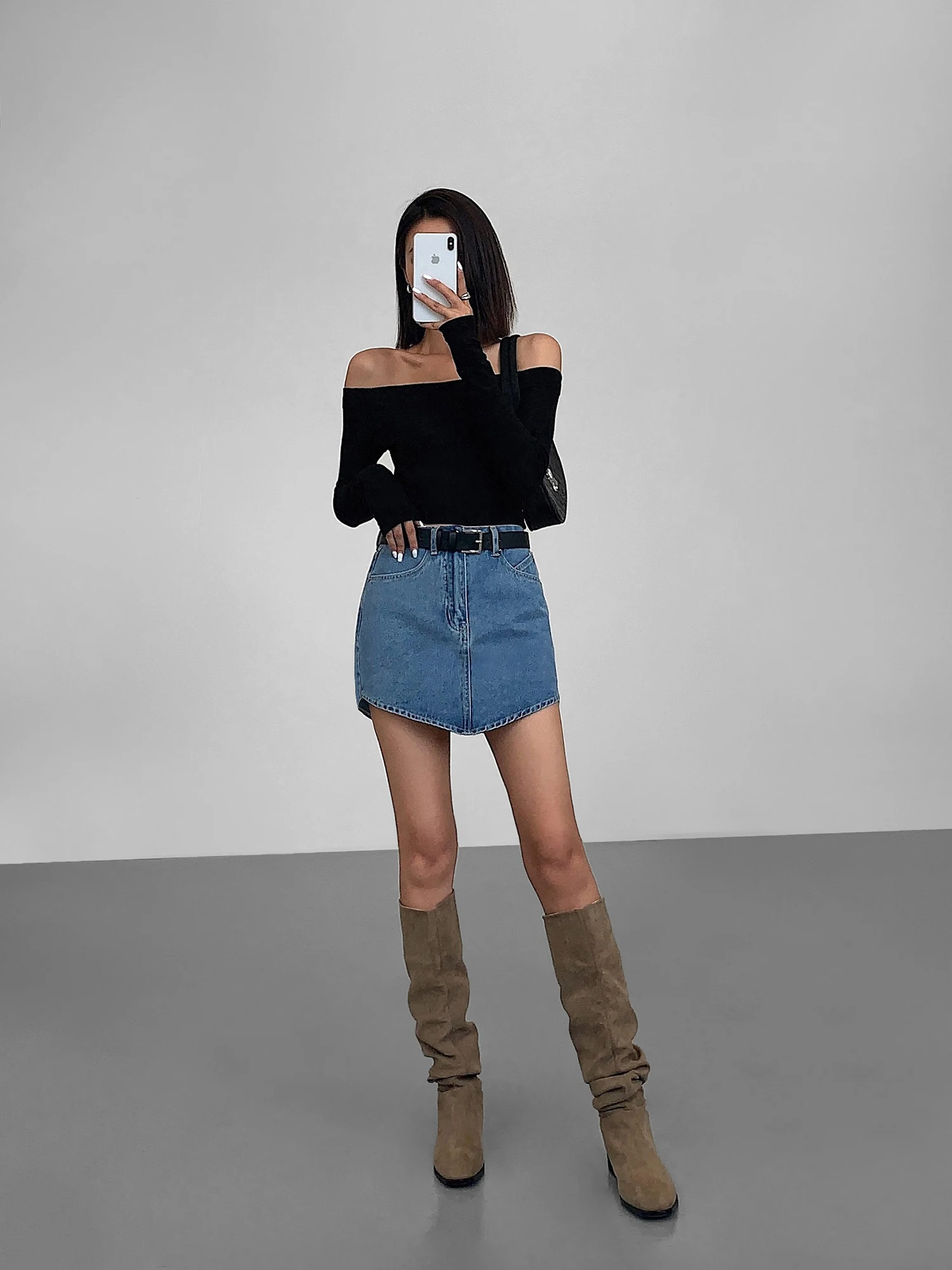 Ouusph черный вязаный женский топ с открытыми плечами и длинными рукавами