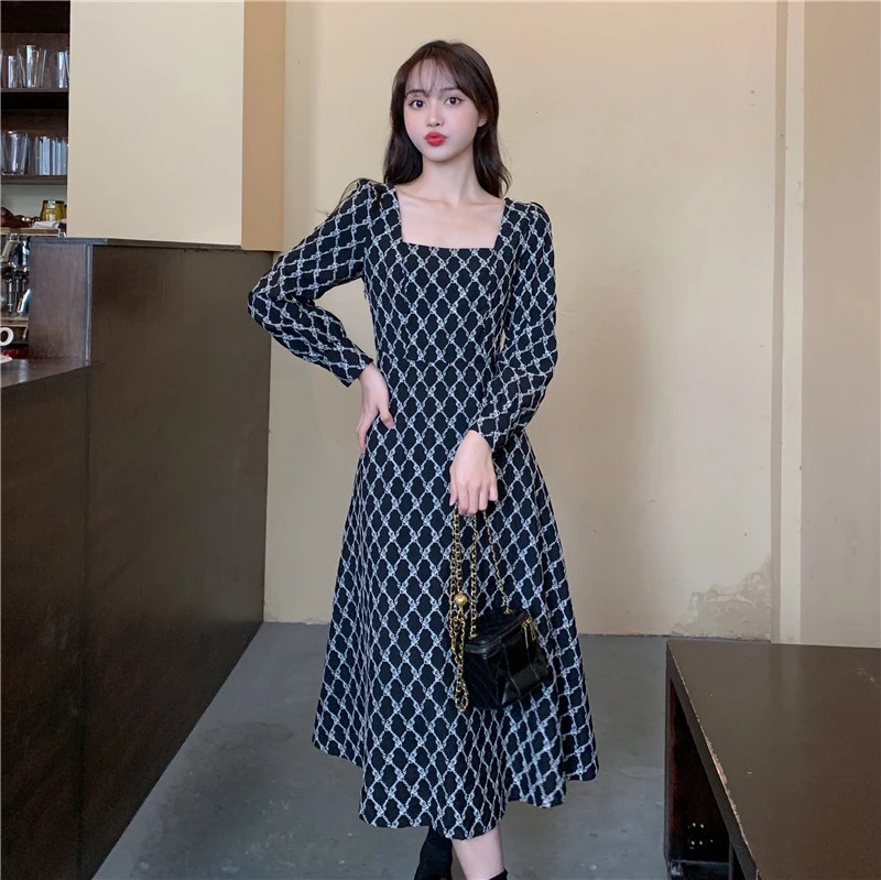 

Women's Dress 2022 Office Lady Retro High Waist Dress Vintage Printed Party Sundress Robe Femme Casual Oversized Vestidos