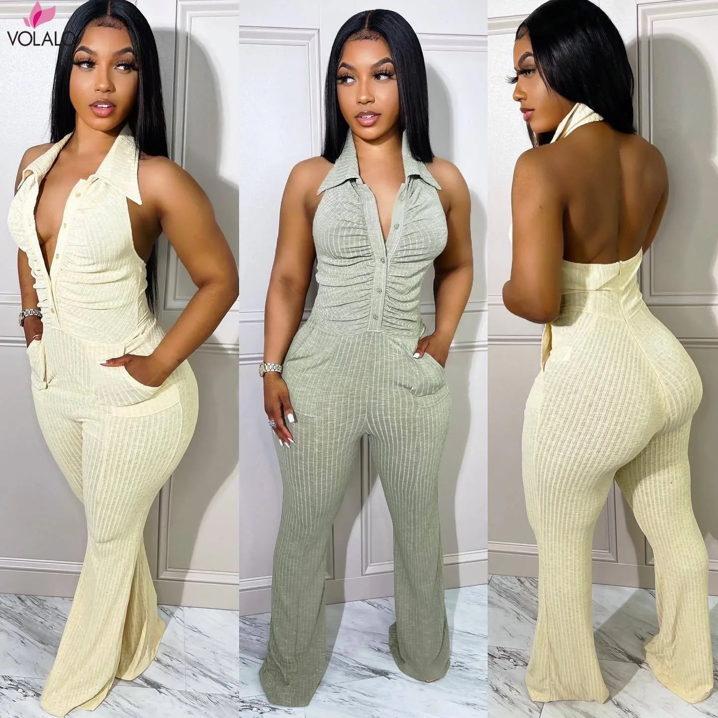 

VOLALO Turn Down Collar Halter Sexy Jumpsuit Pocket Knitted Ribbed Backless Skinny Bodycon Rompers Clubwear Outfits Overalls