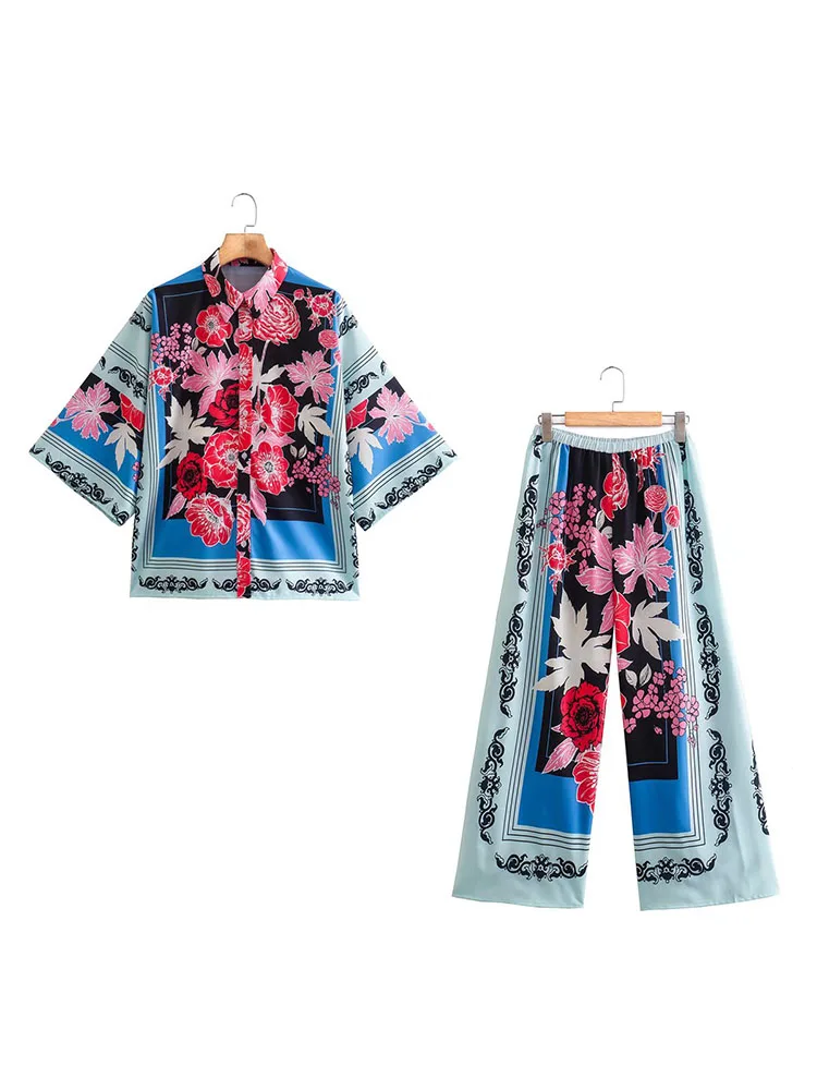 

Женская одежда BBWM, комплект из 2 предметов, новинка 2022, Женская однобортная рубашка с длинным рукавом и принтом и модные прямые брюки