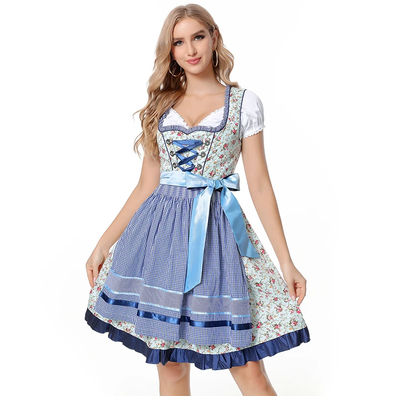 Traditional Dirndl Beer Girl Costume German Bavarian Oktoberfest Dress Women Party Dress Plaid Beer Wench Maid Outfit Dress