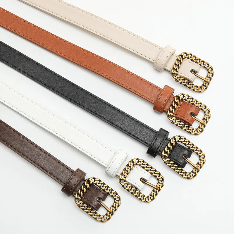 S3658 Women's PU Leather Belt Metal Needle Vintage Square Buckle Simple Slim Jeans Dress Decorated Belts