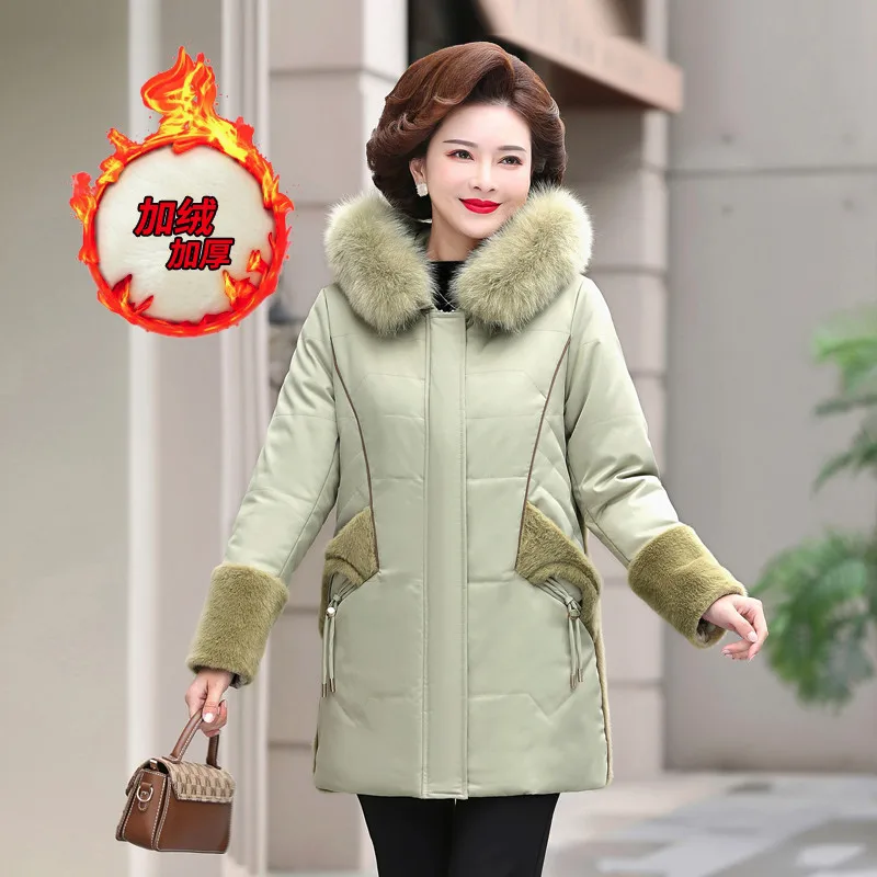 

Middle-aged Mother Winter Warm Jacket Plus velvet Thicken Parkas Outwear Fashion Fur patchwork Cotton Fur collar Hooded Coat