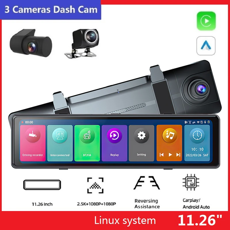 

11.26 inch Car DVR Dash Cam 3 AHD 1080P Camera Streaming Rearview Mirror For Wireless Carplay Android Auto WiFi BT Navigation FM