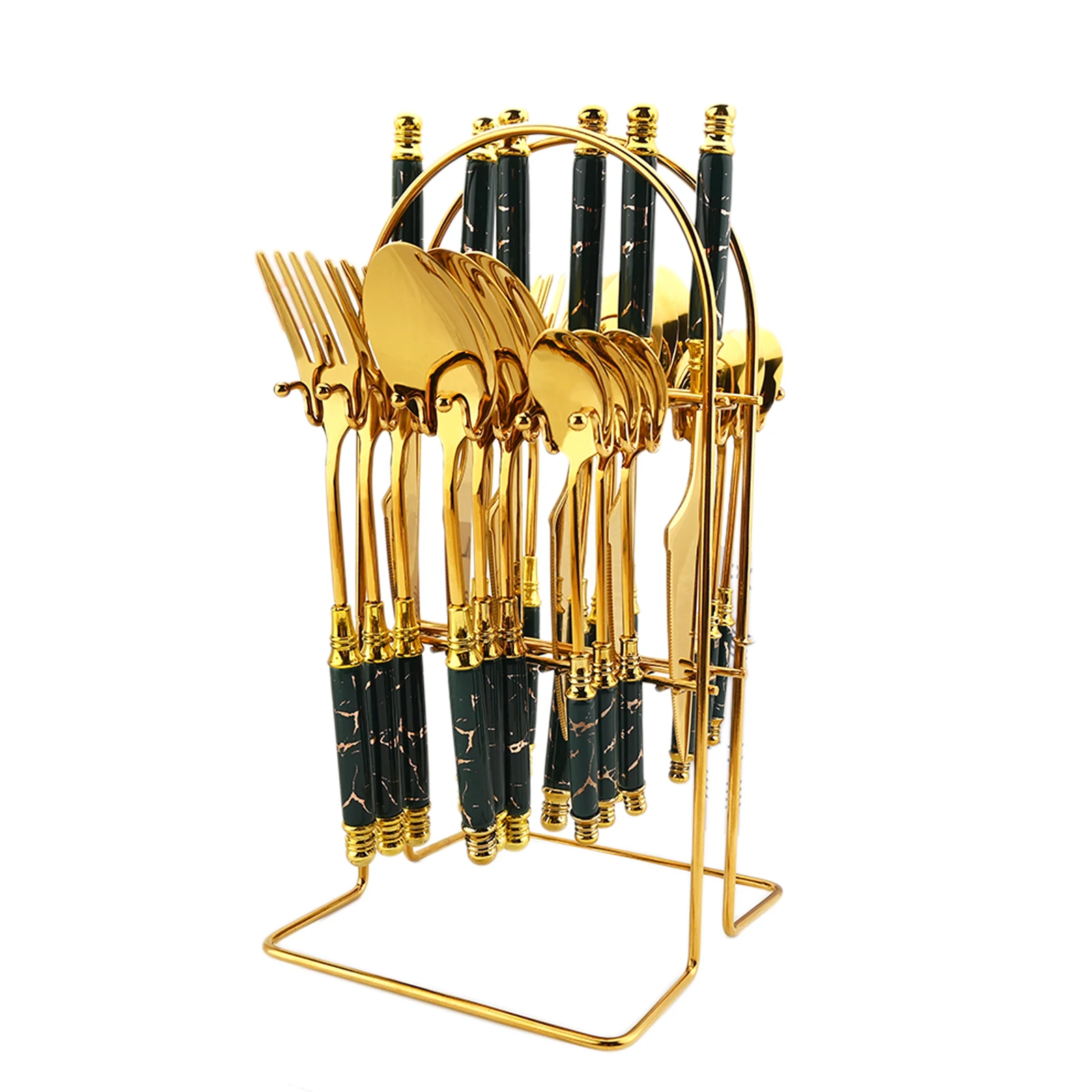 Набор посуды Green Gold из 16/24 предметов с мраморной текстурой из нержавеющей стали, включающий ножи, вилки и ложки, роскошную стойку для хранения и сервировки на стол.