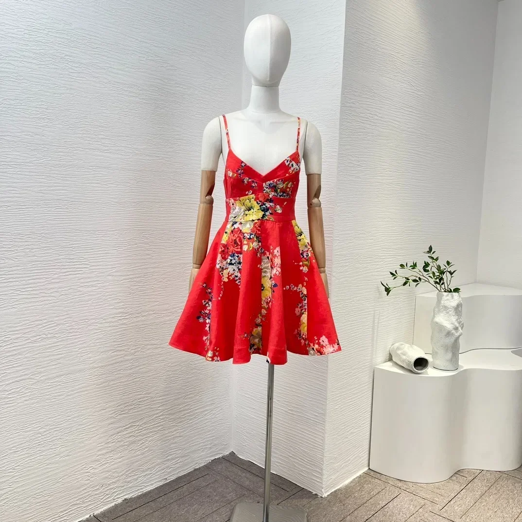 

2023 New Spring Summer Beach Style Red Floral Printing Mini High Waist Slip High Quality Mini Dress for Women