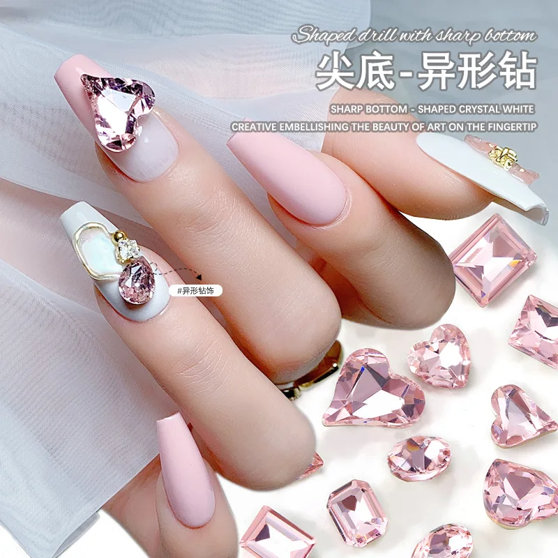

5 Pieces Of High-Quality Nail Polish Rhinestones Sparkling Multi Faceted Crystal Glass Jewelry Pink Love Droplet Shaped Diamonds