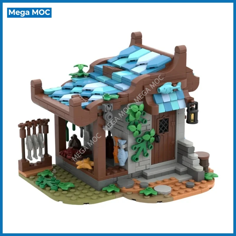 Фото Кастомная модель прибрежной рыбацкой хижины из строительных блоков MOC, дом на море, сборная модель для самостоятельной сборки, игрушка для демонстрации на столе. №3