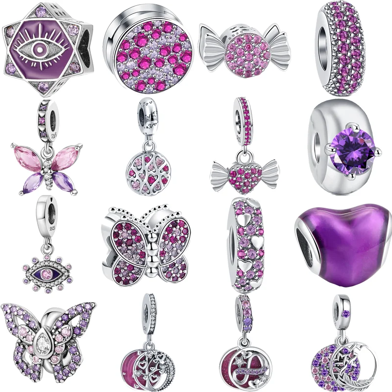 

Hot Sale Fit Original Pandora Bracelet Charms Jewelry 925 Silver Purple Butterfly Infinite Star Candy Eyes Zircon Sparkling Bead