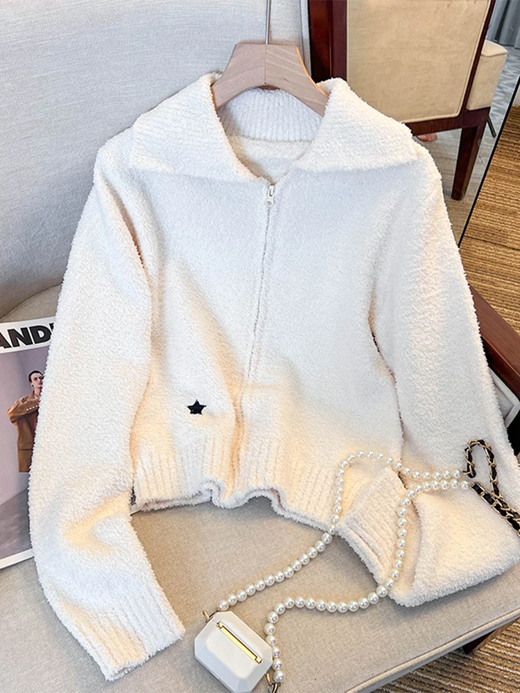 Женский белый кардиган свитер Harajuku Y2k плюшевые пальто с длинными рукавами