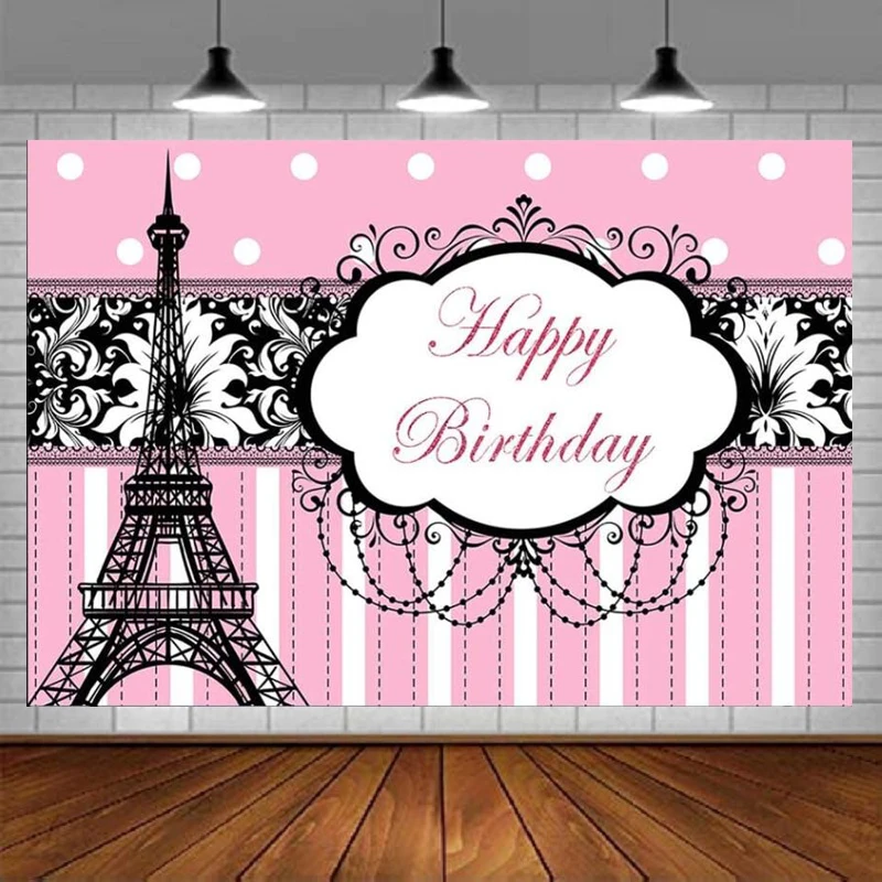 

Photography Backdrop For Girls Eiffel Tower Banner Sweet Pink Stripes Black Paris Decoration Birthday Party Background Poster