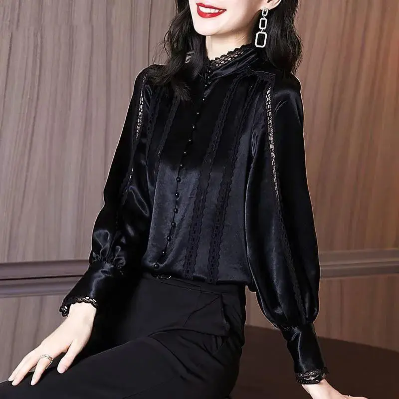 Spring and Autumn Dress 2022 New French Style Unique Design Fashionable Lace Collar Shirt Bubble Sleeve Top Women