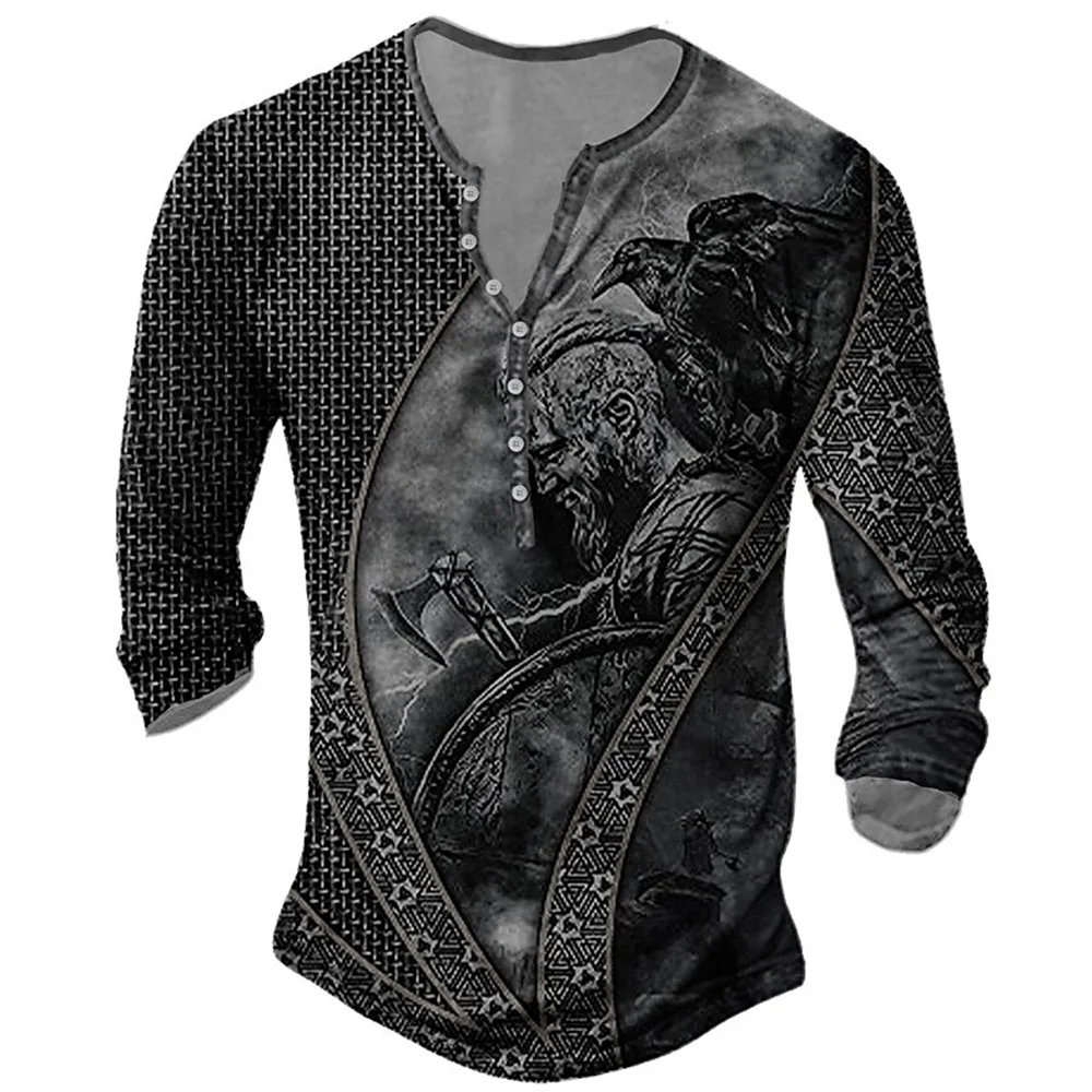 

Viking T Shirt For Mens Wolf Print Henley Shirt Vintage Cotton Long Sleeve Top Punk Streetwear Oversized Tee Shirt Men Clothing