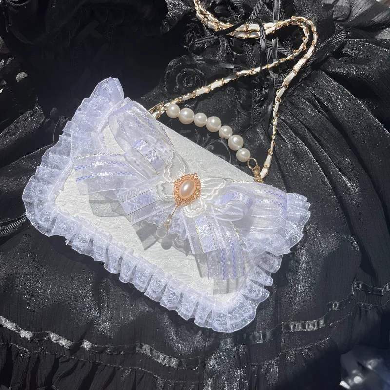 

Vintage Lolita Bags Female New Elegant Lace Patchwork Crossbody Bags 2023 Sweet Pearl Bow Uniform Shoulder Bags Bolso Mujer