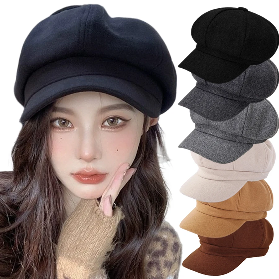 

Women‘s Vintage Brim Beret Newsboy Hat French Artist Warm Felt Hats Beret Solid Octagonal Hats Autumn Girl Newsboy Wool Cap